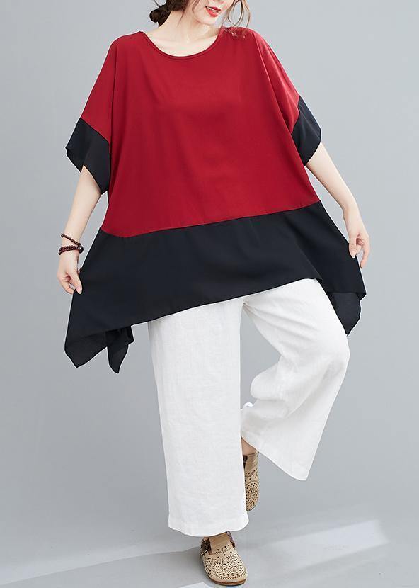 Handmade red tops o neck patchwork summer shirts - bagstylebliss