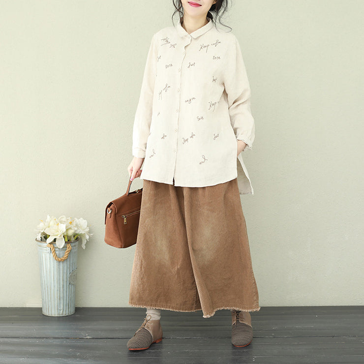 Handmade side open linen Tunic plus size Tutorials nude linen shirts lapel