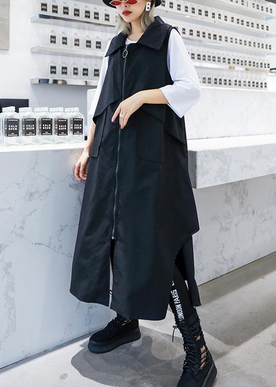 Handmade sleeveless asymmetric cotton Tunics Shape black lapel cotton Dress - bagstylebliss
