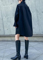 Handmade stand collar Ruffles Cotton dresses Sewing black Dress - bagstylebliss