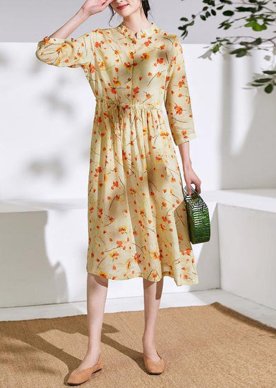Handmade stand collar drawstring linen dress Ideas yellow print Dress - bagstylebliss