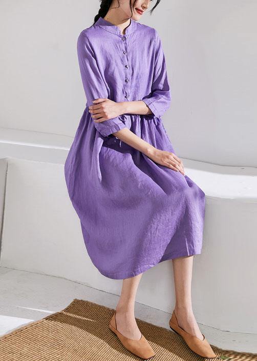 Handmade stand collar drawstring linen summer Wardrobes Runway purple Dress - bagstylebliss