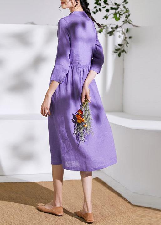 Handmade stand collar drawstring linen summer Wardrobes Runway purple Dress - bagstylebliss