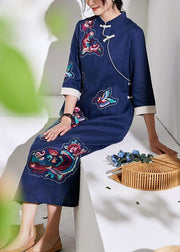 Handmade stand collar embroideried fabric linen summer dresses blue Dresses - bagstylebliss