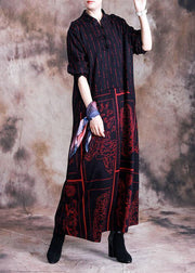 Handmade stand collar wool tunic dress design red prints Plus Size Dress fall - bagstylebliss