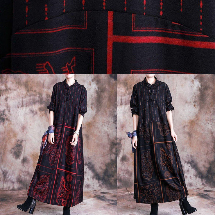 Handmade stand collar wool tunic dress design red prints Plus Size Dress fall - bagstylebliss