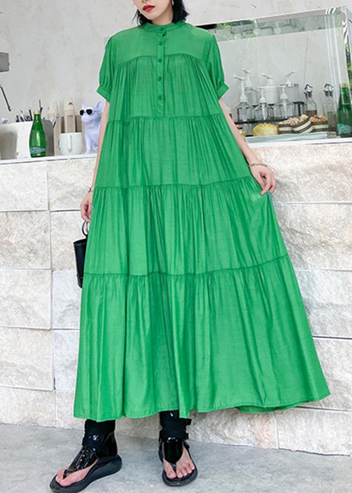 Handmade stand collar Cinched cotton dresses Wardrobes green long Dresses - bagstylebliss