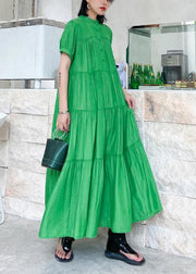 Handmade stand collar Cinched cotton dresses Wardrobes green long Dresses - bagstylebliss