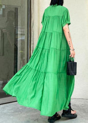 Handmade stand collar Cinched cotton dresses Wardrobes green long Dresses - bagstylebliss