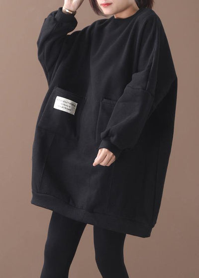 Handmade two pockets Cotton o neck clothes For Women Shape black Dresses - bagstylebliss