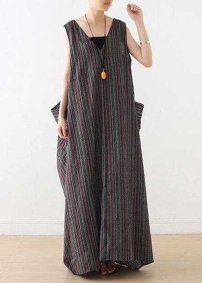 Handmade v neck cotton clothes linen striped Maxi Dresses summer - bagstylebliss
