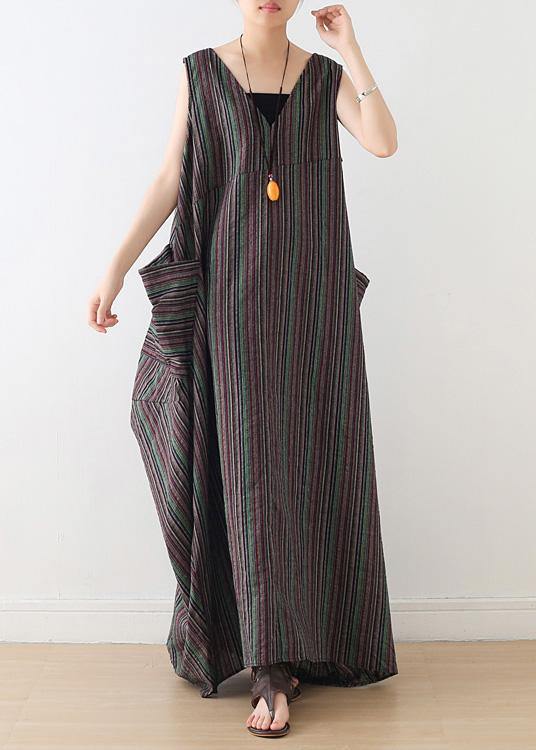 Handmade v neck cotton clothes linen striped Maxi Dresses summer - bagstylebliss