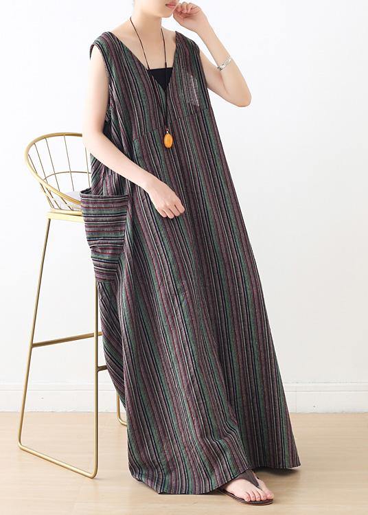 Handmade v neck cotton clothes linen striped Maxi Dresses summer - bagstylebliss