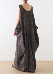 Handmade v neck cotton clothes linen striped Maxi Dresses summer - bagstylebliss