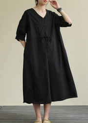 Handmade v neck drawstring cotton tunic dress Work black Traveling Dress - bagstylebliss