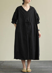 Handmade v neck drawstring cotton tunic dress Work black Traveling Dress - bagstylebliss