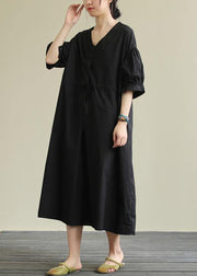 Handmade v neck drawstring cotton tunic dress Work black Traveling Dress - bagstylebliss