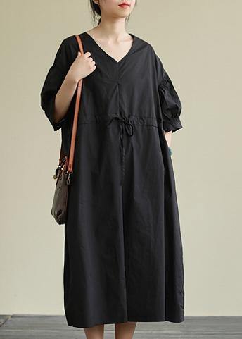 Handmade v neck drawstring cotton tunic dress Work black Traveling Dress - bagstylebliss