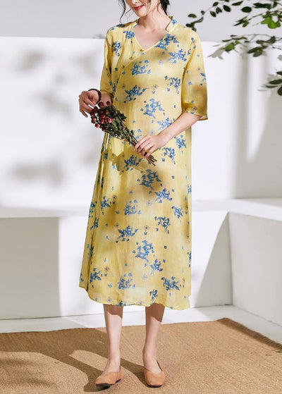 Handmade v neck half sleeve linen summer dresses Shirts yellow print Dress - bagstylebliss