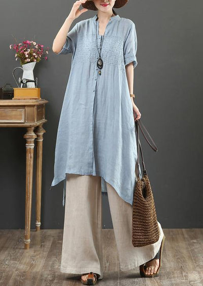 Handmade v neck linen summer shirts Gifts light blue tops - bagstylebliss