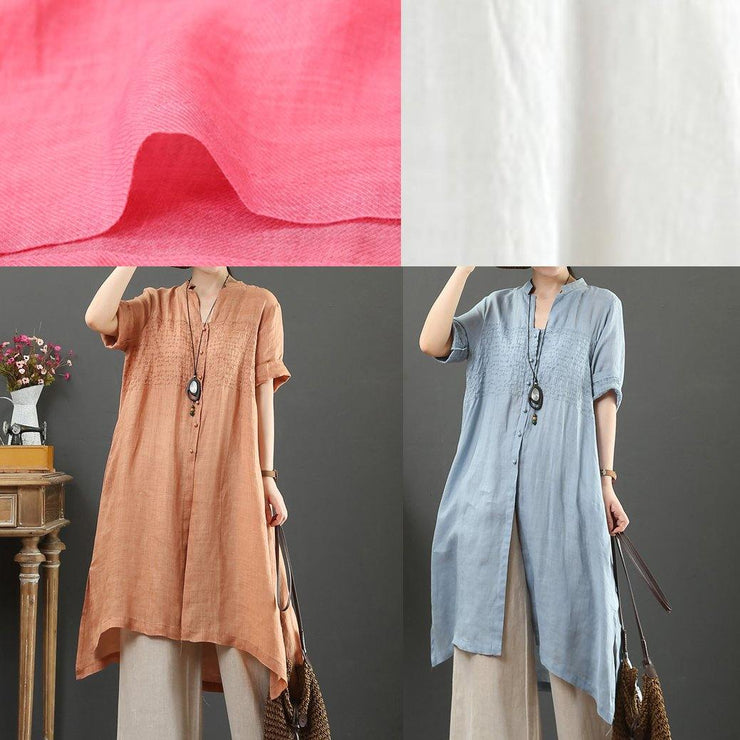 Handmade v neck linen summer shirts Gifts light blue tops - bagstylebliss