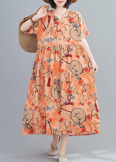 Handmade v neck short sleeve summer orange print Traveling Dress - bagstylebliss