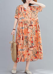 Handmade v neck short sleeve summer orange print Traveling Dress - bagstylebliss