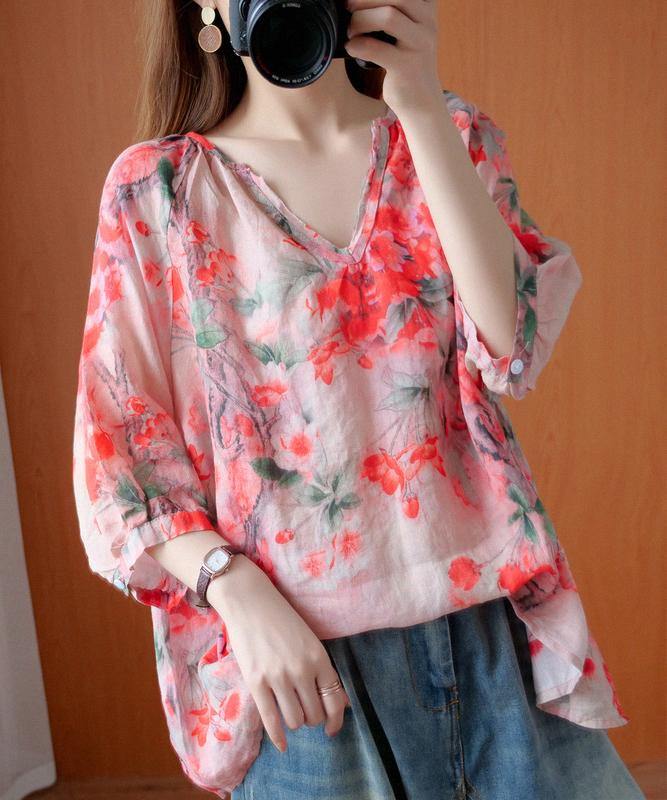 Handmade v neck summer Shirts Wardrobes red print blouses - bagstylebliss