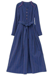 Handmade v neck tie waist spring clothes For Women linen dark blue striped Dresses - bagstylebliss