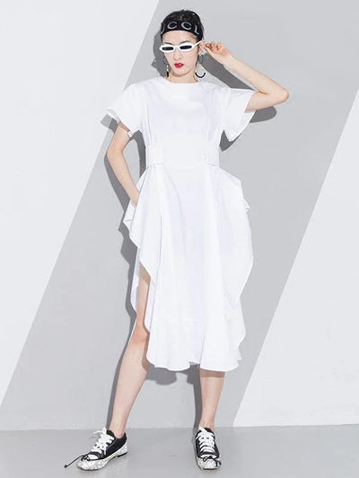 Handmade white Cotton o neck asymmetric A Line summer Dresses - bagstylebliss