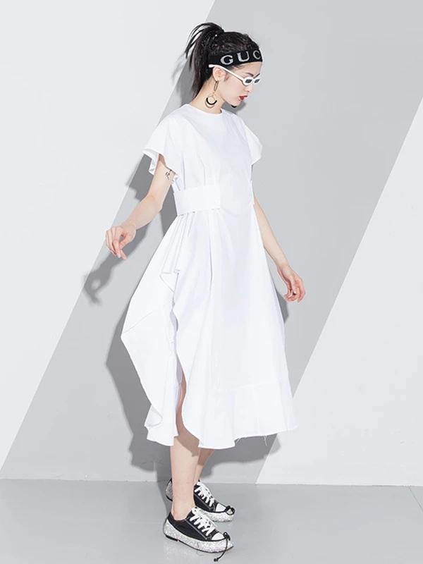 Handmade white Cotton o neck asymmetric A Line summer Dresses - bagstylebliss