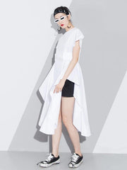 Handmade white Cotton o neck asymmetric A Line summer Dresses - bagstylebliss