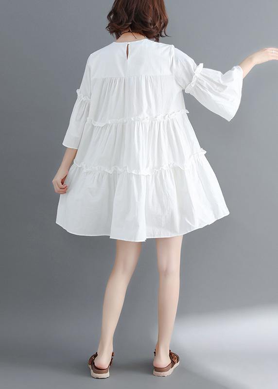 Handmade white Cotton quilting dresses o neck flare sleeve Cinched short summer Dresses - bagstylebliss