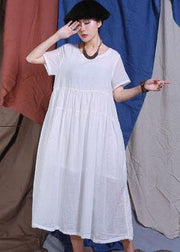 Handmade white big hem cotton linen Robes Cinched waist Maxi summer Dresses - bagstylebliss