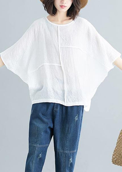 Handmade white cotton blended tunic top Casual Wardrobes o neck Batwing Sleeve patchwork baggy Summer shirt - bagstylebliss