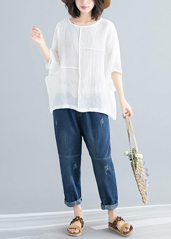 Handmade white cotton blended tunic top Casual Wardrobes o neck Batwing Sleeve patchwork baggy Summer shirt - bagstylebliss