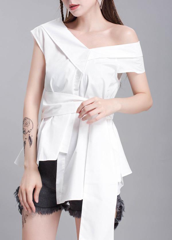 Handmade white cotton crane tops sleeveless box summer shirts - bagstylebliss