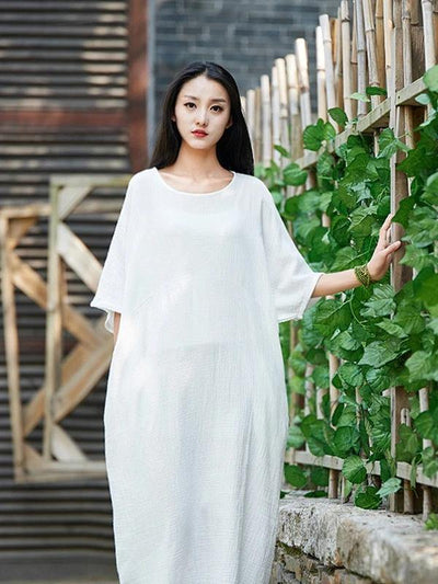 Handmade white cotton linen clothes For Women o neck half sleeve Maxi Dress - bagstylebliss