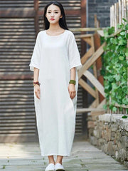 Handmade white cotton linen clothes For Women o neck half sleeve Maxi Dress - bagstylebliss