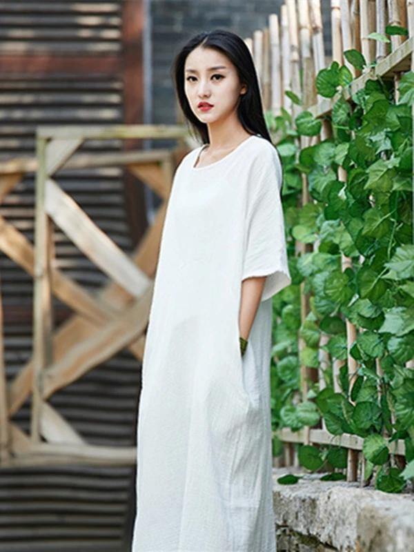 Handmade white cotton linen clothes For Women o neck half sleeve Maxi Dress - bagstylebliss