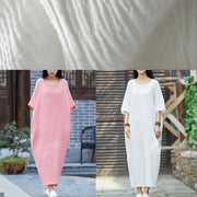 Handmade white cotton linen clothes For Women o neck half sleeve Maxi Dress - bagstylebliss