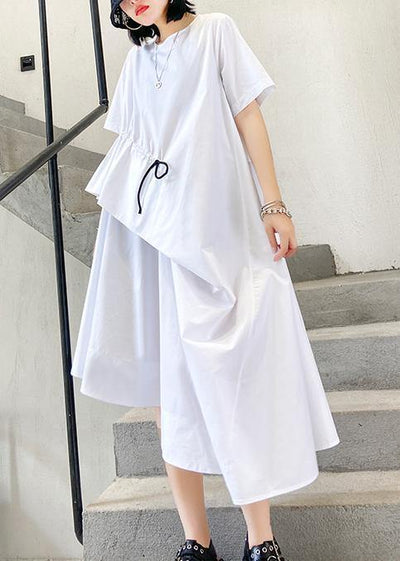 Handmade white cotton o neck drawstring Robe summer Dress - bagstylebliss