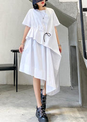 Handmade white cotton o neck drawstring Robe summer Dress - bagstylebliss