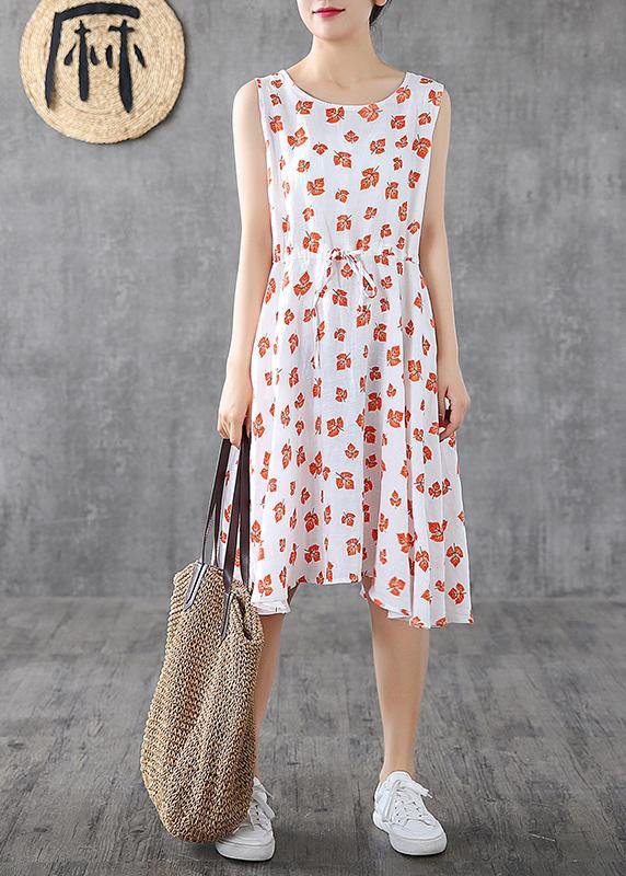 Handmade white print linen Long Shirts sleeveless cotton summer Dress - bagstylebliss