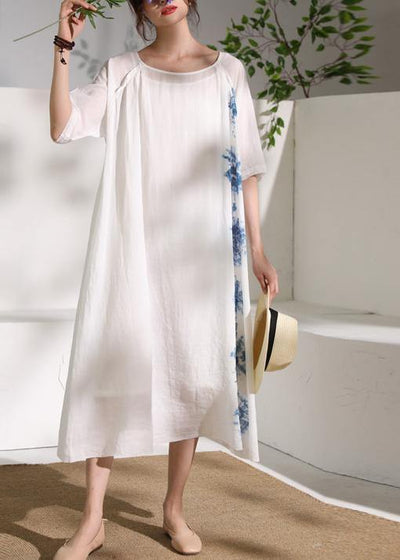 Handmade white print linen clothes For Women o neck half sleeve A Line summer Dresses - bagstylebliss