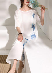 Handmade white print linen clothes For Women o neck half sleeve A Line summer Dresses - bagstylebliss