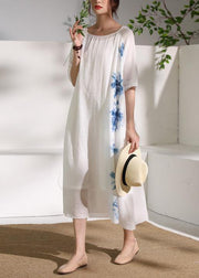 Handmade white print linen clothes For Women o neck half sleeve A Line summer Dresses - bagstylebliss