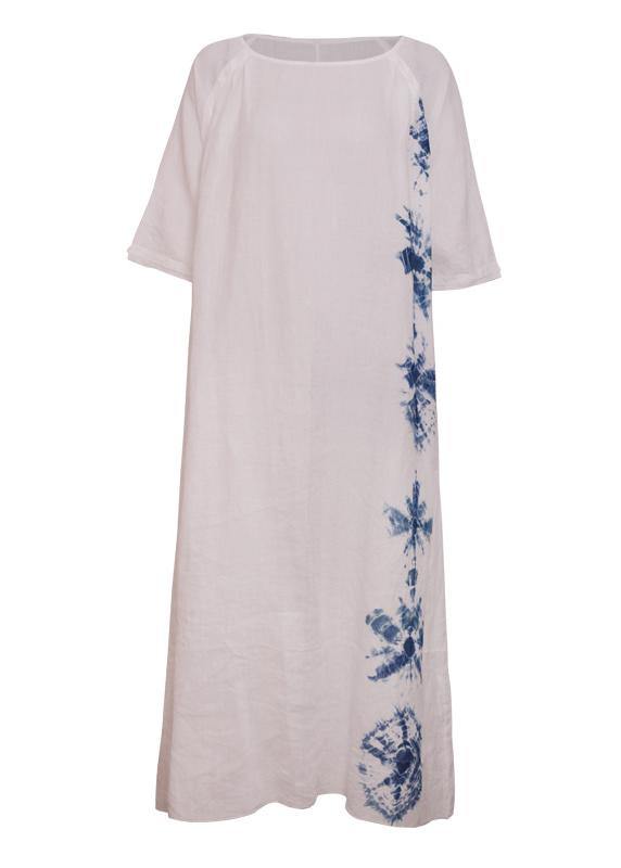 Handmade white print linen clothes For Women o neck half sleeve A Line summer Dresses - bagstylebliss