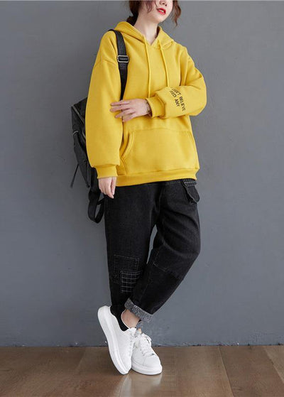 Handmade yellow Letter top hooded drawstring shirts - bagstylebliss