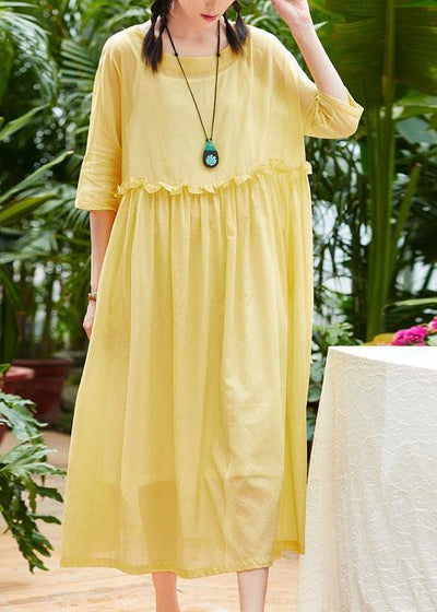 Handmade yellow cotton linen clothes o neck half sleeve Maxi summer Dresses - bagstylebliss